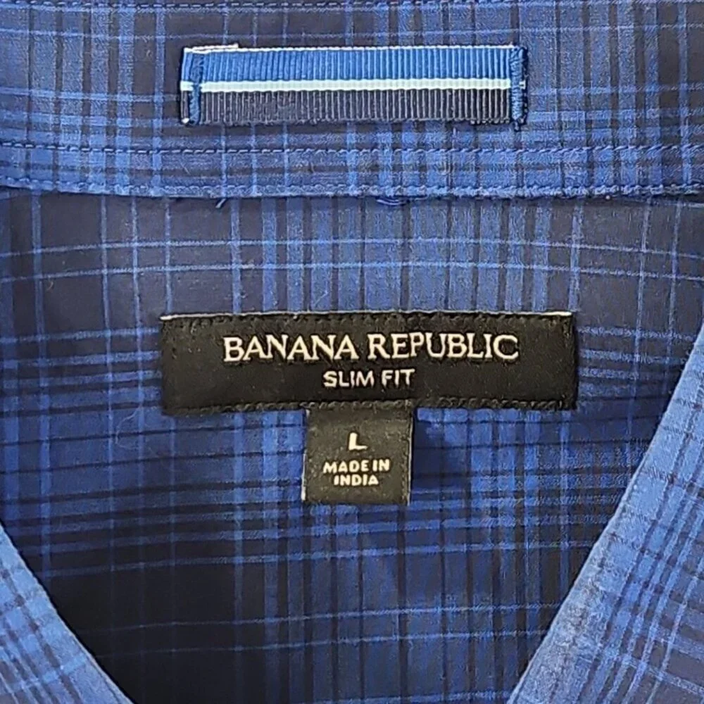 Banana Republic Pearl Snap Shirt Men's L Navy‎ Blue Plaid Long Sleeve EUC LN